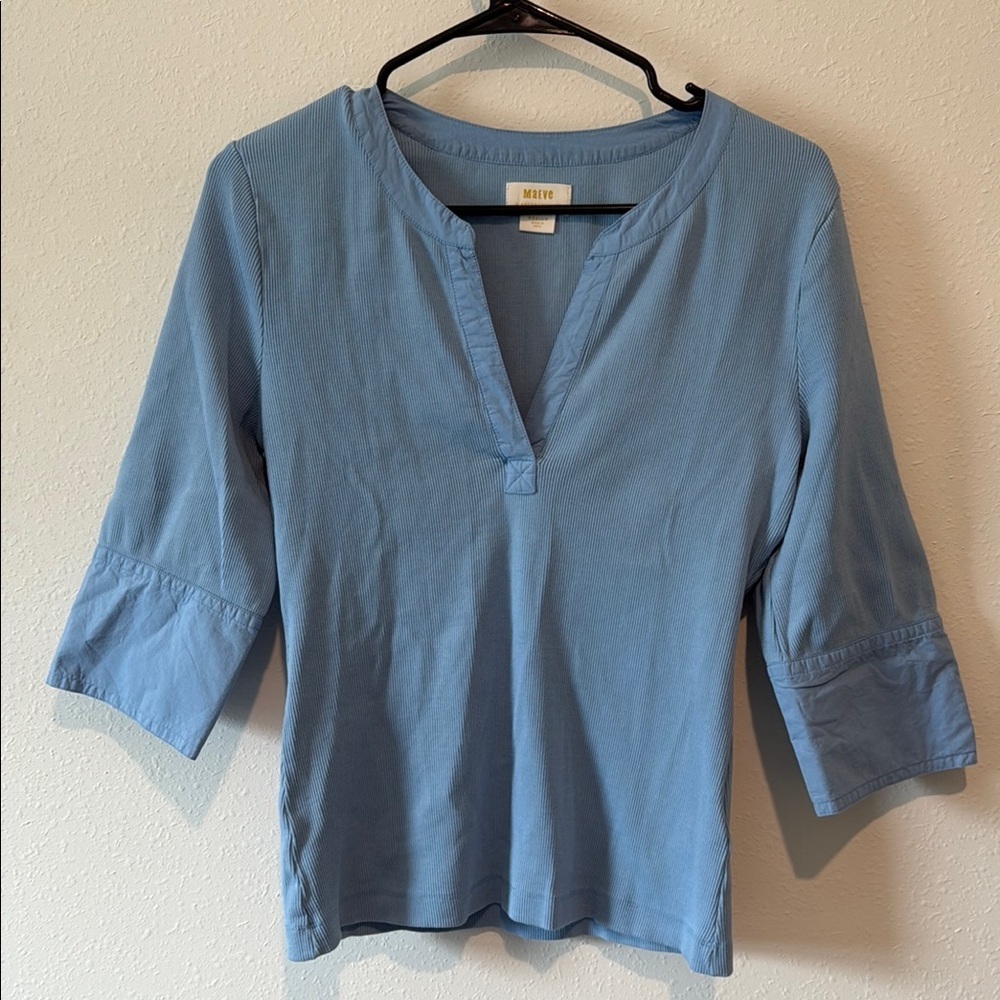 Maeve Blue Mandarin Collar Fitted Blouse